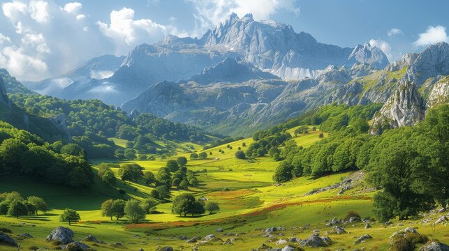 This is a stunning view of asturias, Spain, with its lush green valley filled with trees and colorful grass contrasting with picturesque high mountains © DZMITRY