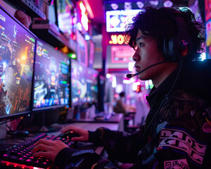 In the heart of cyberpunk Tokyo esports warriors duel with luminous gaming joysticks