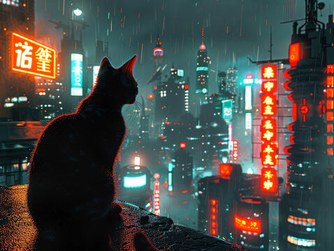 Joystick master cat in a futuristic city with neon glows illuminating the night
