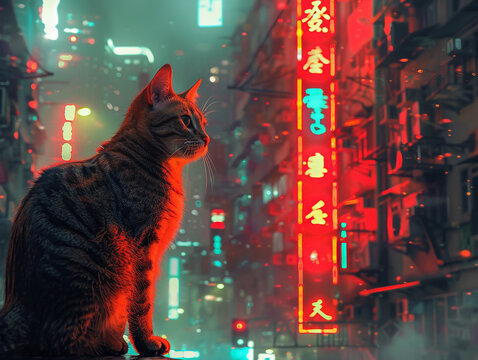 Joystick master cat in a futuristic city with neon glows illuminating the night - Powered by Adobe