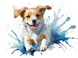 Generative AI watercolor splash painting, puppy in motion
