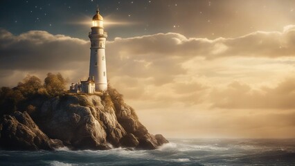 lighthouse on the coast A fantasy lighthouse in a magical kingdom, with stars, moon,   - obrazy, fototapety, plakaty