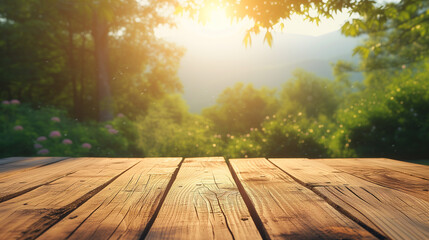 Naklejka na ściany i meble Wooden top table with nature background