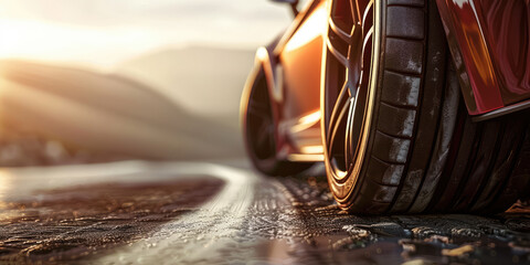 The close-up of a sports car reveals its dynamic power, with tires gripping the asphalt and the...