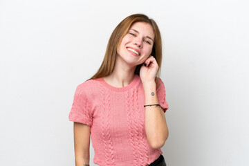 Young English woman isolated on white background laughing