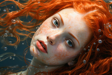 Mermaid underwater close-up, beautiful girl with long red hair, portrait