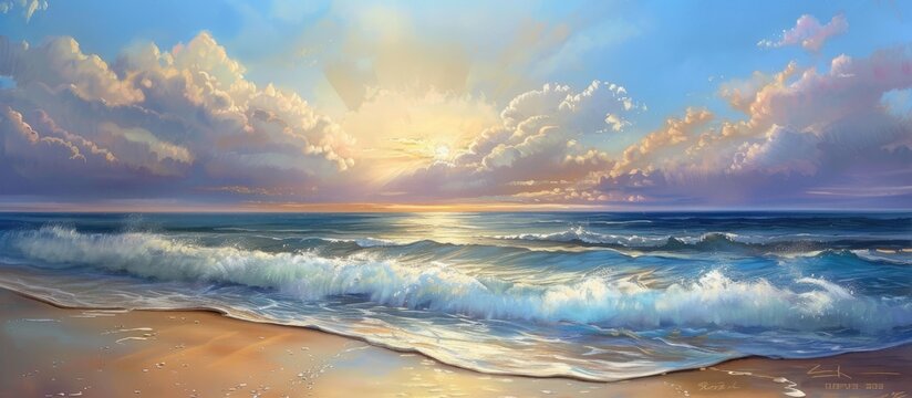 The painting depicts a sun setting over the ocean, casting a warm glow on the beach. The gentle waves reflect the colors of the sky, creating a serene ambiance. Clouds in the sky add depth to the