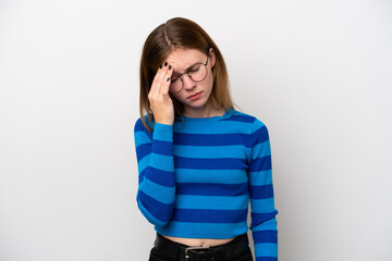 Young English woman isolated on white background with headache