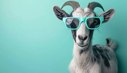 Cheerful goat wearing stylish sunglasses on pastel background with space for text