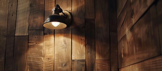 A spotlight shines brightly on the side of a wooden wall, showcasing the charm and texture of the wood. The light creates a striking contrast against the dark wood, highlighting its natural beauty.