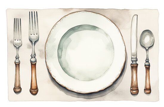 Plate with cutlery top view, plate and knife, spoon and two forks, watercolor illustration in vintage style for advertising flyers or menus, drawing Generative AI