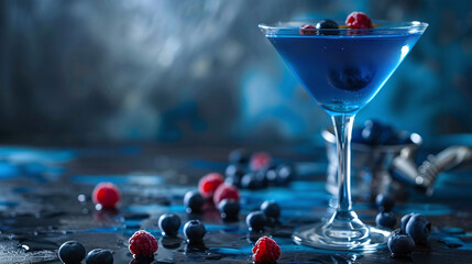 Blueberry cocktail in martini glass with fresh berries on blue background