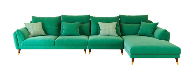 L shape green color sofa transparent background. 3D render