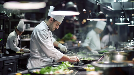Chef cooks and presents a dish in the kitchen of a luxury restaurant
