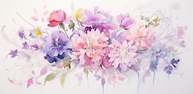 Floral arrangement in pastel colors, pink, lilac and apricot flowers watercolor painting for textiles, Valentines Day greeting cards, wedding invitations, wallpaper Generative AI