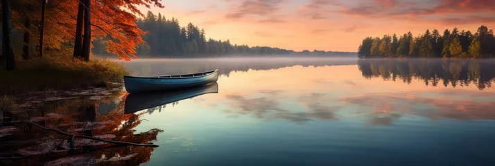 Foto op Canvas A peaceful sunset scene on a calm lake with reflections and a rowing boat © Wolfilser