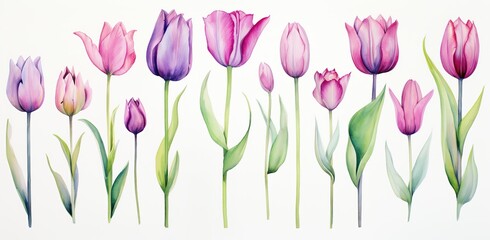 Many beautiful lilac tulips with leaves, botanical watercolor illustration for any festive design, horizontal pattern with spring flowers Generative AI