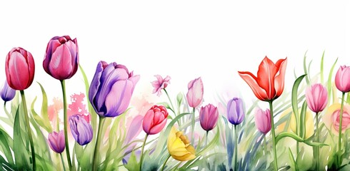 Many beautiful colorful tulips with leaves, botanical watercolor illustration for any festive design, horizontal pattern with spring flowers Generative AI