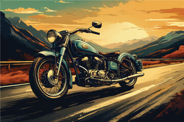 Vintage classic motorcycle on a highway. illustration of a vintage motorbike. antique motorbike. Vintage motorbike on a freeway.  Antique motorbike.  Classic Motor bike on highway road.  Bike. - obrazy, fototapety, plakaty