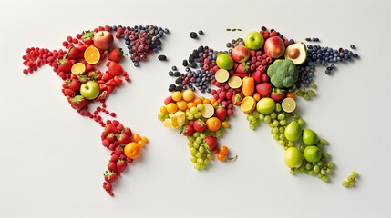 healthy eating and global cuisine concept with fruit vegetable world map