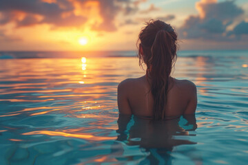 Portrait of Asian young woman swim in tropical sea