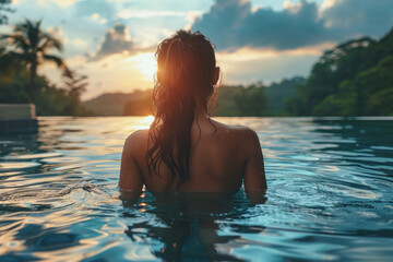 Portrait of Asian young woman swim in tropical sea