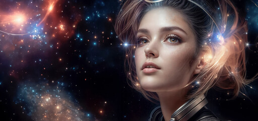 Beautiful young woman in space with stars and nebulae.