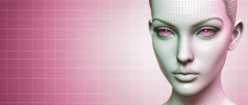 3d rendering of a female face with pink eyes and pink lips