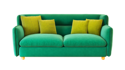 Modern green color sofa and yellow pillows living room furniture. 3D render