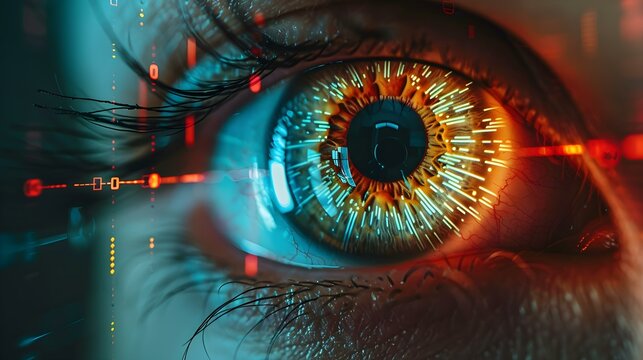 A detailed closeup image of an eye showcasing digital ID verification. Concept Detailed Closeup, Eye, Digital ID, Verification