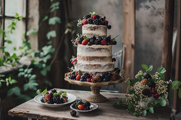 Wedding cake decorated with berries