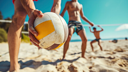 Volleyball player holding ball, close-up of hands and ball. Beach volleyball, summer vacation,...