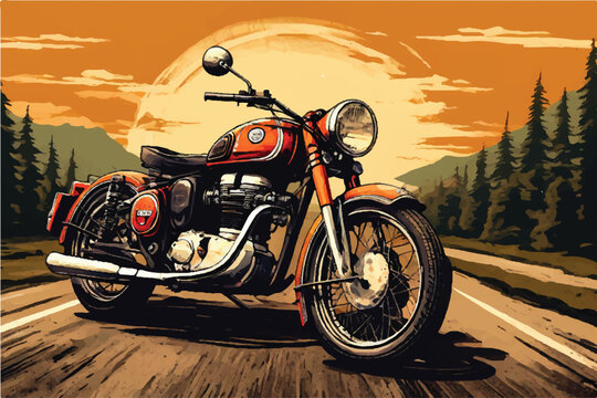 Vintage classic motorbike on highway illustration. Retro style motorbike illustration. illustration of classic motorcycle. Vintage motorcycle. Classic Motor bike on highway road.  Royal Enfield. 
