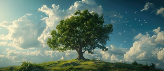 A painting depicting a tall tree standing proudly atop a hill, surrounded by lush greenery and a clear blue sky. The trees branches reach towards the heavens, creating a striking contrast against the