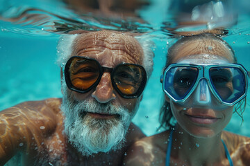 Fototapeta premium Caucasian old couple in love swim in tropical sea