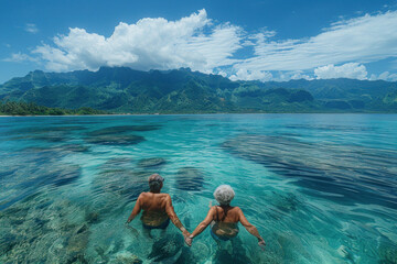 Caucasian old couple in love swim in tropical sea