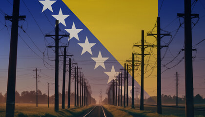 Electricity in the Bosnia and Herzegovina. Electric poles on the background of the Bosnia and Herzegovina flag. Bosnia and Herzegovina flag and Electric poles. - obrazy, fototapety, plakaty