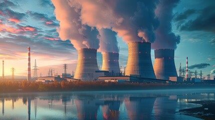 atomic nuclear reactor or power plant refinery industrial factory with cooling towers and smoke chimney as wide - obrazy, fototapety, plakaty