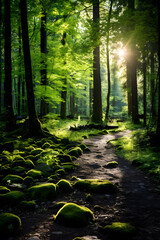 Sunlight's Soft Glow in Dense, Green Forest: A Testament to Nature's Serenity and Beauty