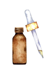 Aromatherapy, medicines, brown glass bottle with pipette. Hand drawn watercolor isolated on transparent background. Element for textile, wrapping paper, postcards