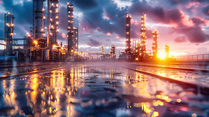 Fototapeta na wymiar Industrial Sunset Reflections: Refinery, Smoke, and Petrochemical Plant