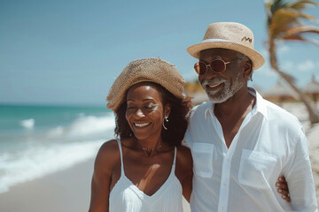African American senior couple in love walking on sandy beach on seashore
