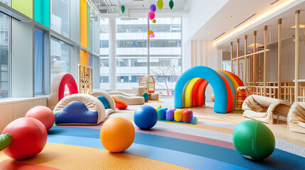 An indoor Play Gym with colorful sensory balls, providing tactile stimulation for toddlers during playtime.