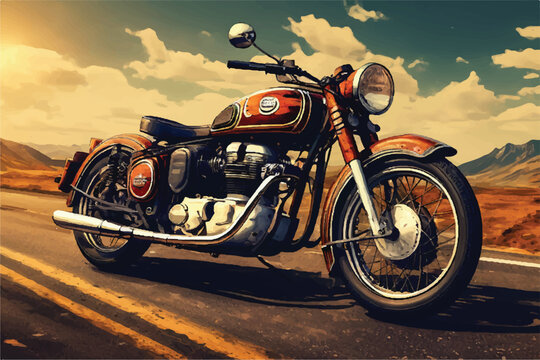 Vintage classic motorbike on highway illustration. Retro style motorbike illustration. illustration of classic motorcycle. Vintage motorcycle. Classic Motor bike on highway road.  Royal Enfield. 