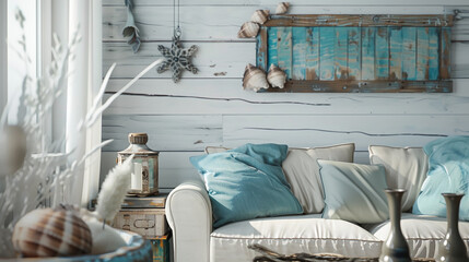 A beach house decor with nautical elements, including a weathered wooden sign and seashell accents.