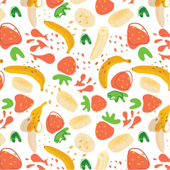 Abstract pattern strawberry and banana in flat style. Fresh Seamless pattern. Summer time print. For vape, juice or ice cream background.