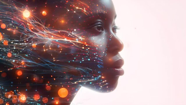 Concept of the artificial intelligence integration for mental health. African american woman with the implantation chip in brain