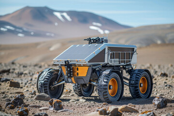 remote-controlled rover equipped with camera traverses rocky and barren landscape, simulating planetary exploration. space explorer, moon,mar mission concept. - obrazy, fototapety, plakaty