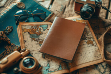 Fototapeta na wymiar A travel enthusiast's desk setup with a leather-bound journal, vintage camera, and world map, ready for adventure planning.