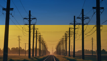 Electricity in the Ukraine. Electric poles on the background of the Ukraine flag. Ukraine flag and Electric poles.